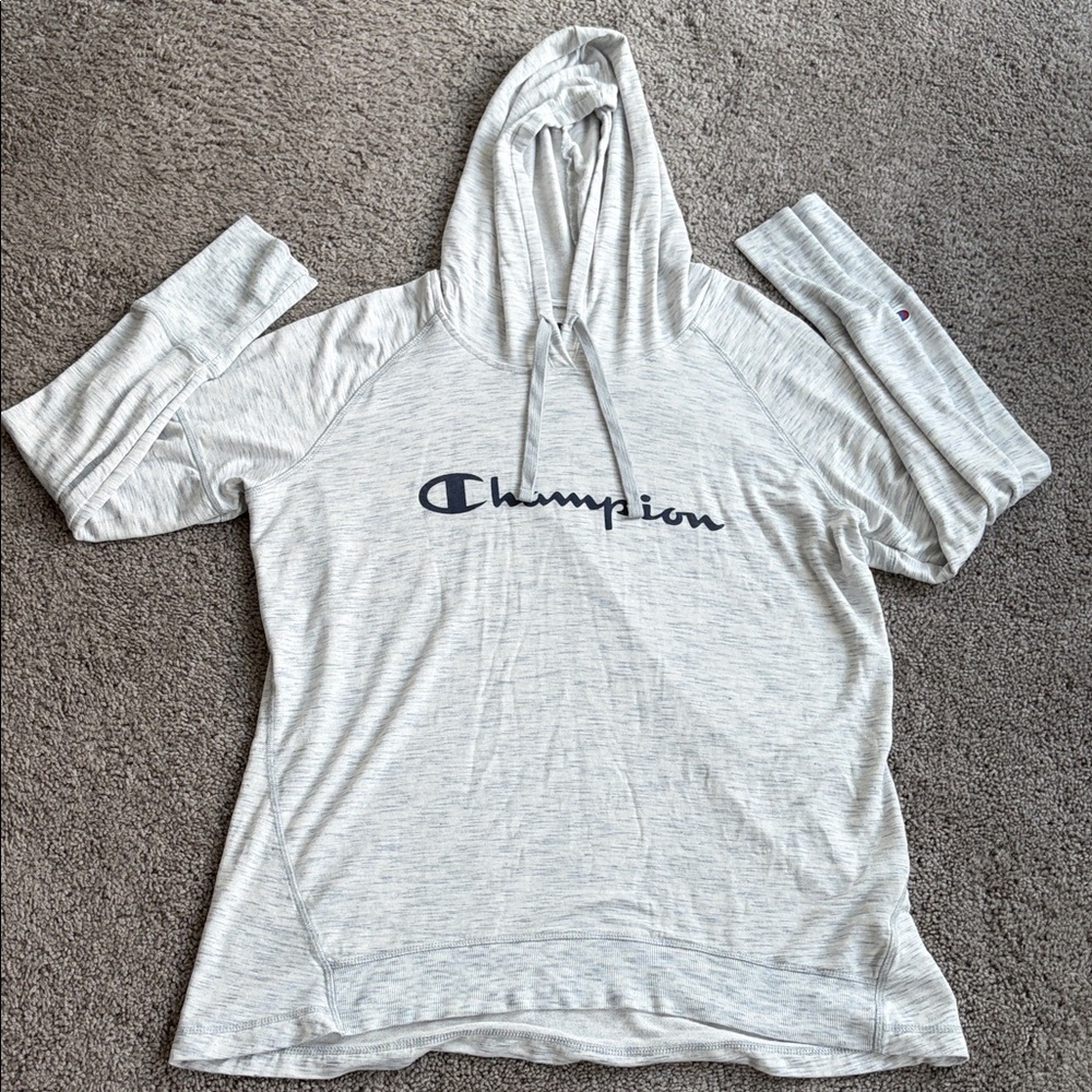 Champion Light Gray long sleeve hooded shirt with Logo